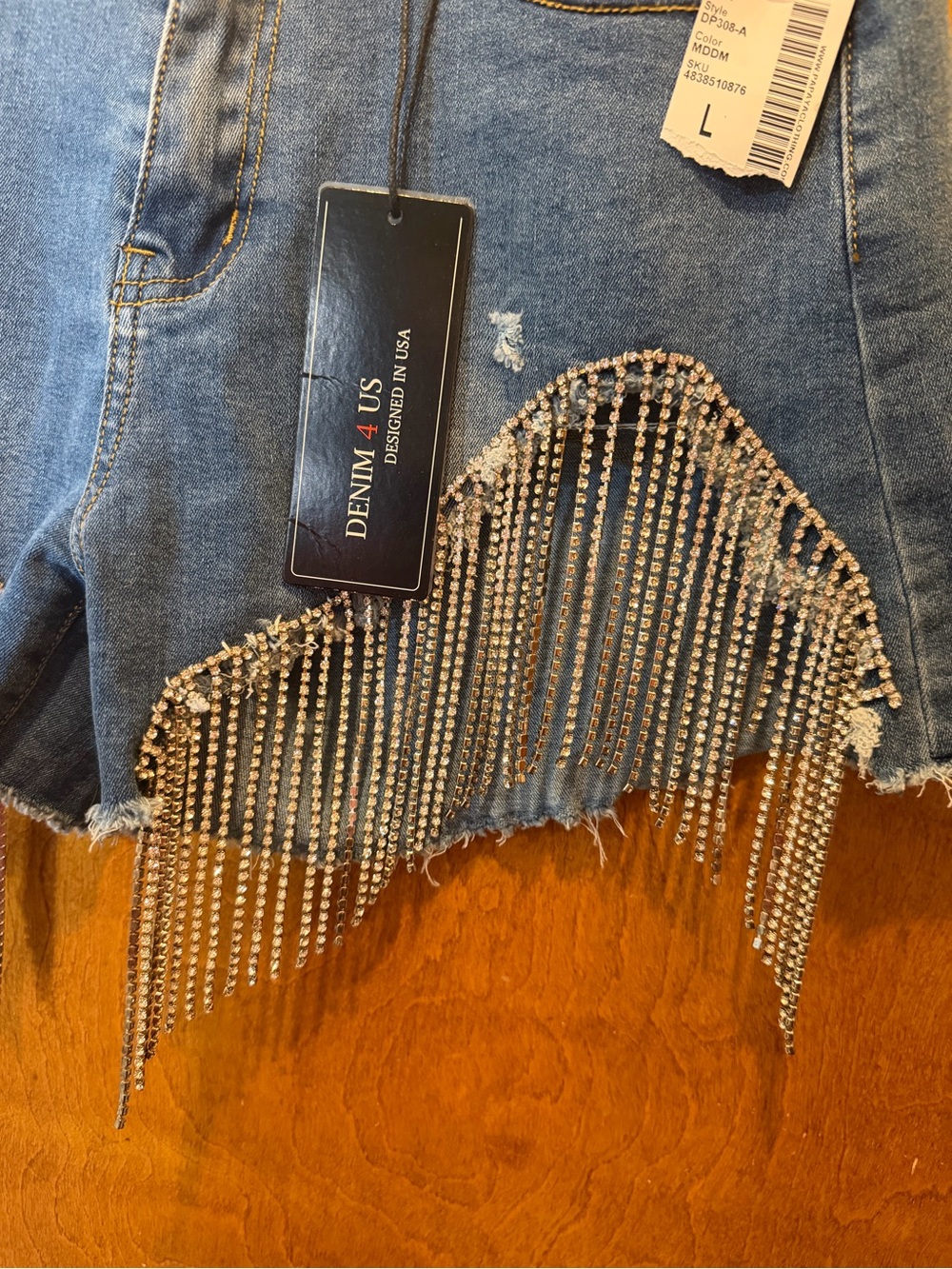 Denim 4 us rhinestone fringe blue jean shorts women’s shorts new size L - Picture 2 of 5